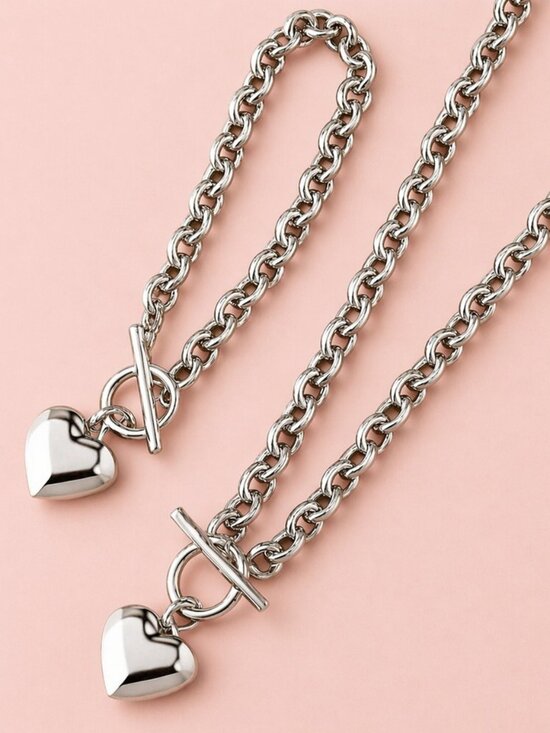 Jewelry - 💕 2pc Heart Charm Necklace & Bracelet Set Silver Tone Chain Mother’s Day Gift